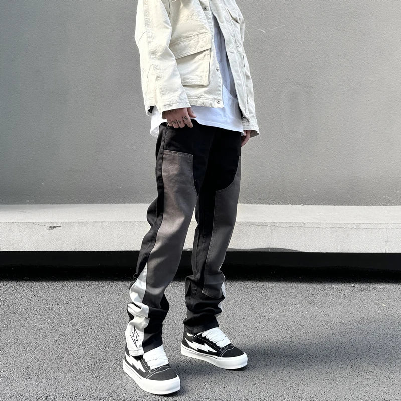 American Fashion Embroidery Black Gray Color Block Jean