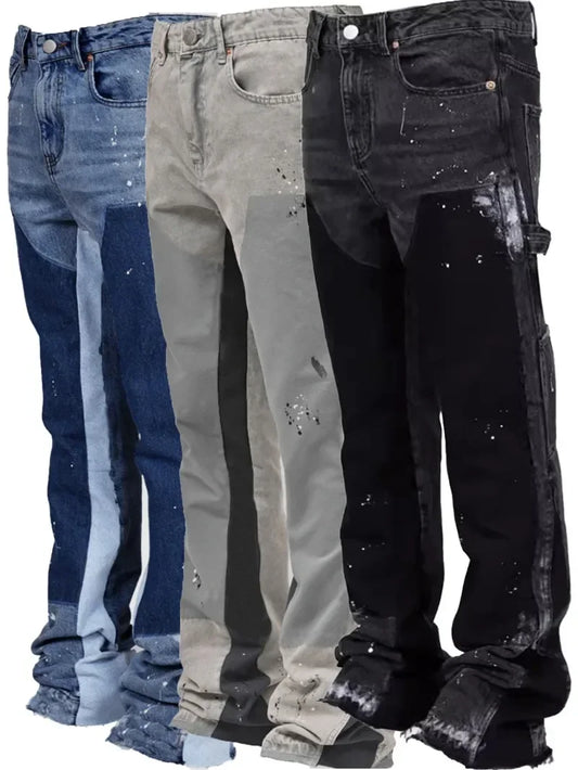 Y2k Jeans Men Painting Patch Baggy Stacked Jeans