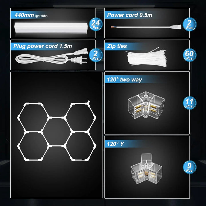 Hexagon Garage Light 25 Pack Car Tubes 6500K Super Bright 6500K Super Bright 192W, 23040LM Auto Beauty Shop Gym