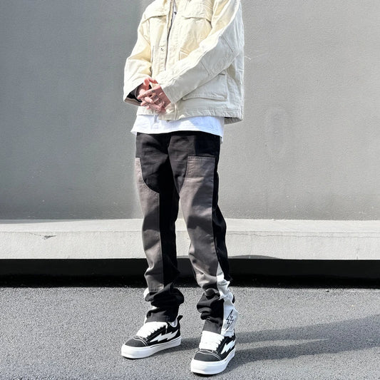 American Fashion Embroidery Black Gray Color Block Jean